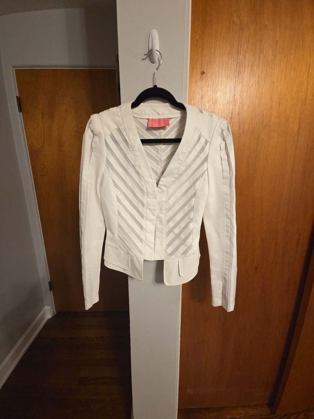 Azalea Wang White Faux Leather and Mesh Chevron Pattern Zip-Front Jacket